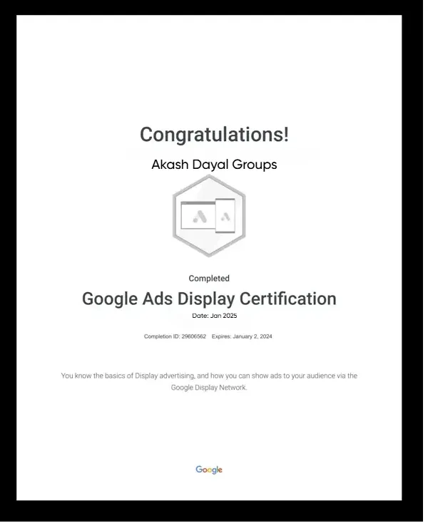 Google Ads Display Certification of Digital Marketing King